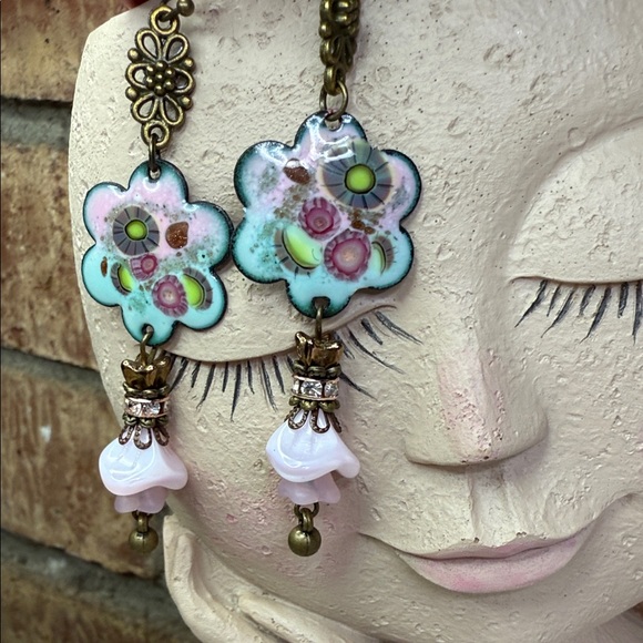 Floral Enameled & glass Drop Earrings